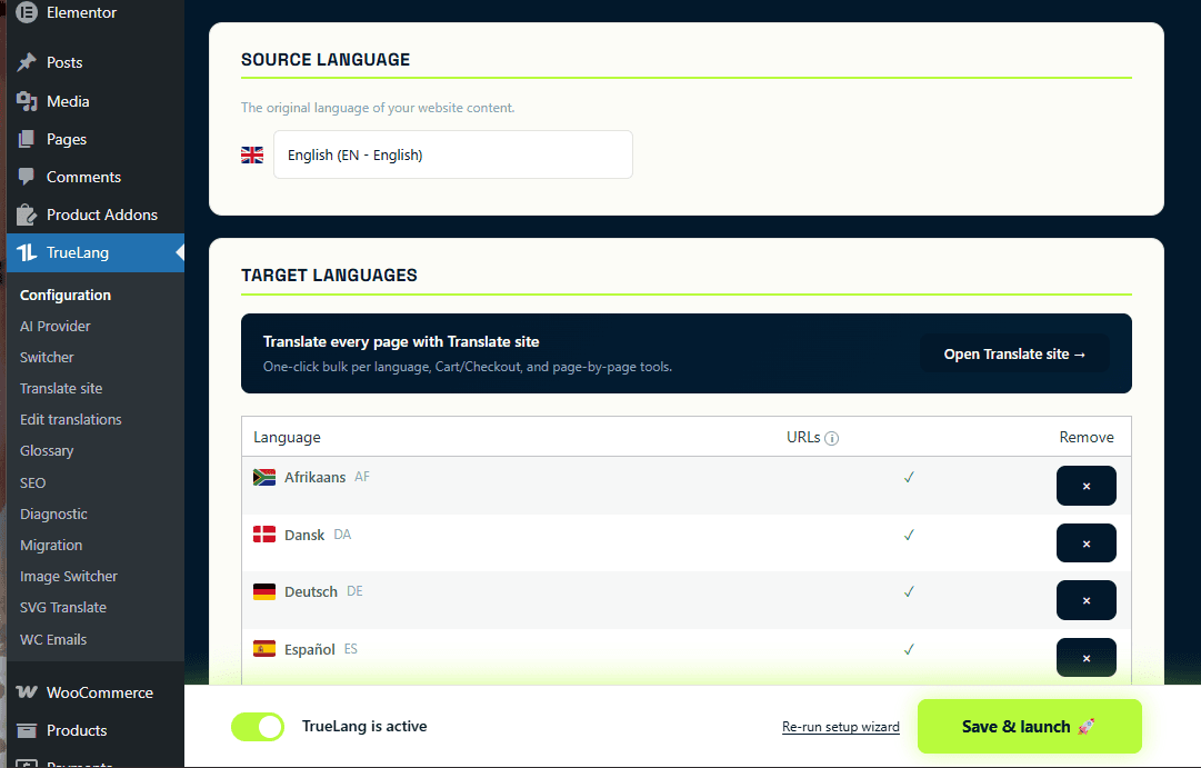 Selectionner la langue source et les langues cibles